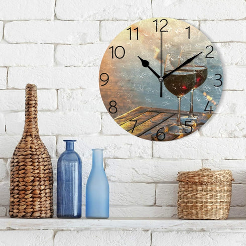 MOYYO Romantic Red Wine at Beach Sunset Wall Clock 9.8 Inch Silent Round Wall Clock Battery Operated Non Ticking Creative Decorative Clock for Kid...
