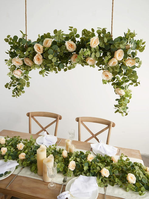 PARTY JOY 6.56ft Eucalyptus Garland with Flowers-8 Champagne Roses-Lush,Natural Looking, Floral Garland Greenery for Party Wedding Table Indoor Ou...