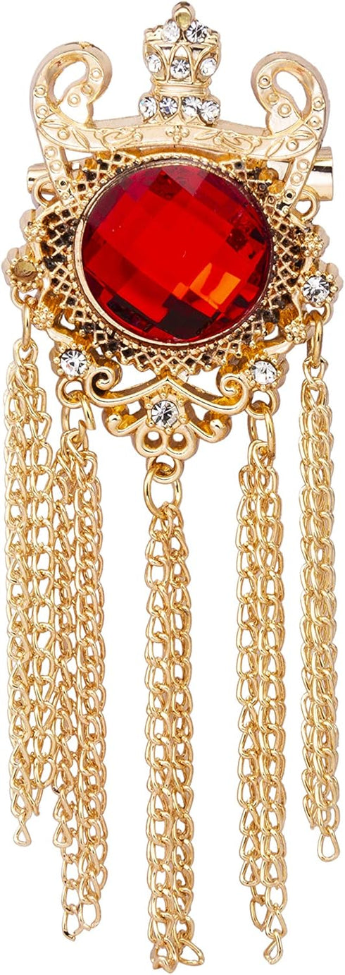 Knighthood Crowned Red Semi Precious Stone With Crystal and Chain Detailing Metal Lapel Pin Brooch for Men...