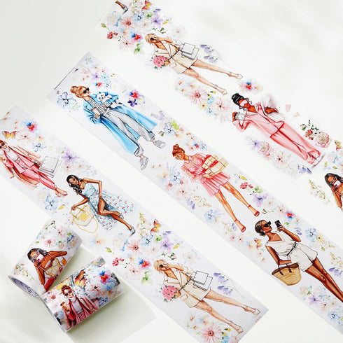 WT Bloom & Vogue Wide PET Tape, Single Roll, Original Designs, Flower Girls Decorative, Characters Figures, Transparent Clear Adhesive, Journal Sc...