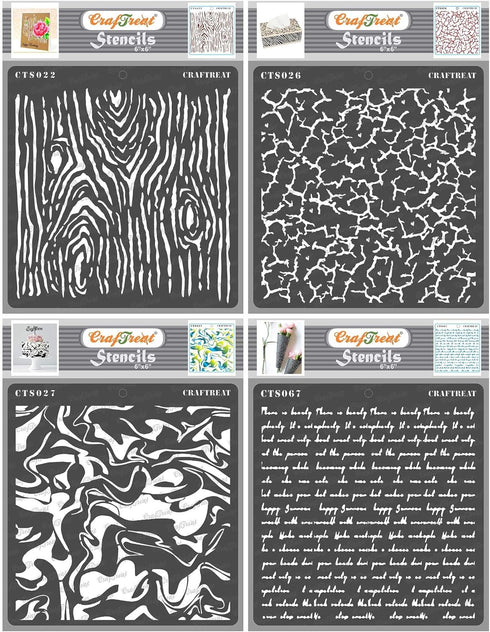 CrafTreat Pattern Stencils for Painting on Wood, Canvas, Paper, Fabric, Floor, Wall and Tile - Woodgrain, Crackle, Marble and Script - 4 Pcs - 6x6...