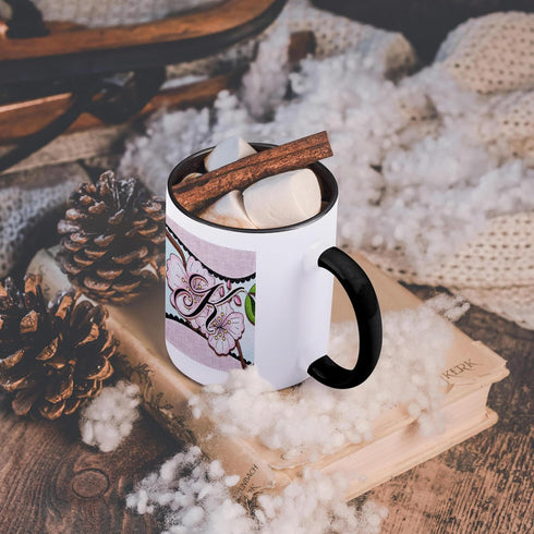 3dRose Cherry Blossom Flower Monogram Initial K Two Tone Mug, 11 oz, Black/White...