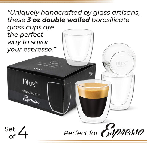 DLux Espresso Coffee Cups 3oz, Double Wall, Clear Glass set of 4 Glasses, Insulated Borosilicate Glassware Tea Cup...