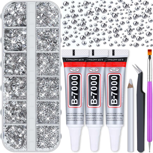 Audab B7000 Jewelry Adhesive Glue with Rhinestones for Crafts, 2100Pcs Flat Back Gems Crystal Rhinestones with Tweezer Dotting Tools Clear Glue fo...