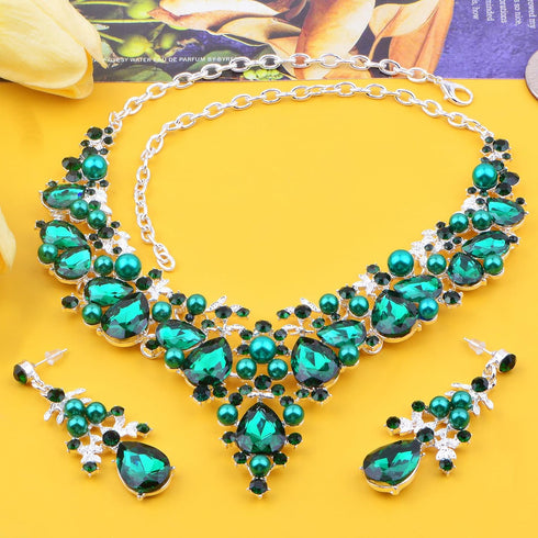 Jewelry Set for Women, 1 Set Green Pearl Crystal Necklace and Dangle Earrings Elegant Bridal Floral Cluster Teardrop Statement Necklace Earrings f...