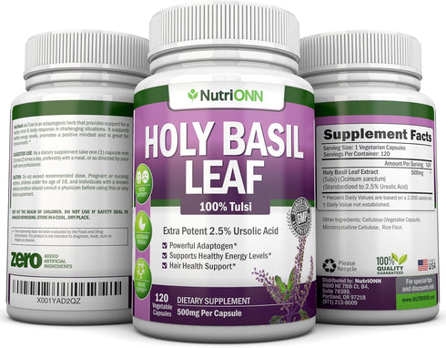 Holy Basil Leaf Capsules - 500mg - 2.5% Ursolic Acid - 120 Vegan Capsules - Real Tulsi Extract Supplement - Positive Mindset - Adaptogenic & Ayurv...