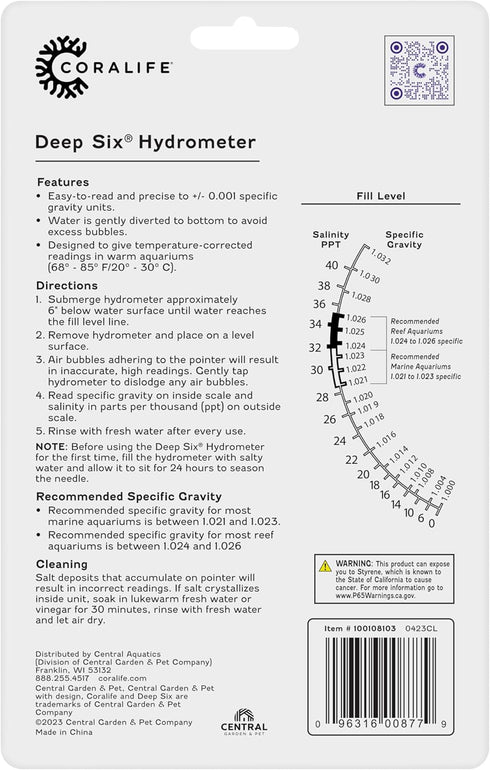 Coralife Aquarium Fish Tank Deep Six Hydrometer For Measuring Water Salinity PPT and Specific Gravity...
