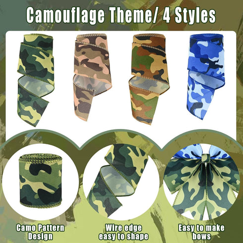 4Rolls 20 Yards Camouflage Print Wired Edge Ribbon, 2.5 Inch Wide Camo Polyester Ribbon for Gift Wrapping Wreaths Bow Making for Birthday Retireme...