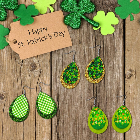 SHUANGART 194 Pcs St. Patrick's Day Sublimation Blank Superfine Glitter Earrings Kit, Green Shamrock Printed Chunky Glitter Faux Leather Earrings ...