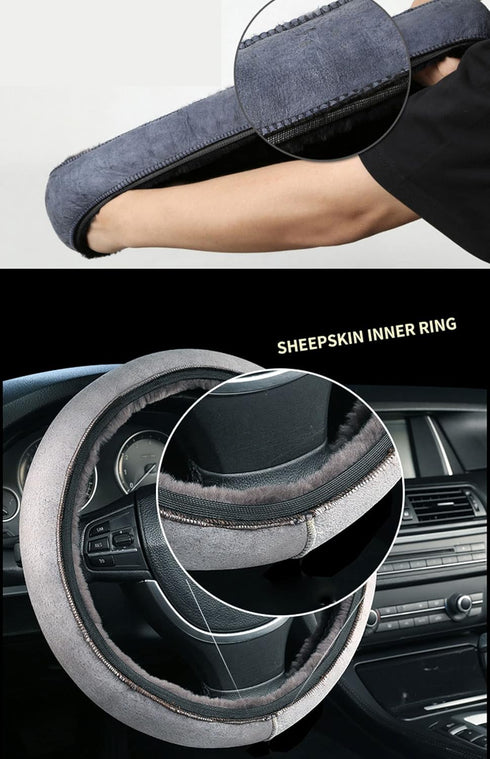 Fluffy Wool Car Steering Wheel Cover Genuine Sheepskin Steering Wheels Interior Accessories for Women Anti-Slip Universal for 15 inch (Gray)...