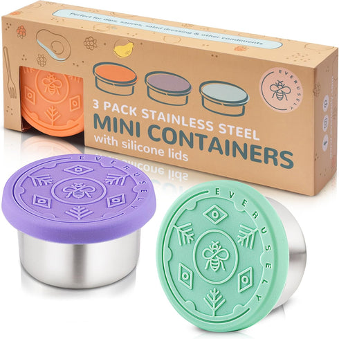 Everusely Condiment Cups - 3 Pack, 1.7 oz / 50 ml, Bright, Stainless Steel - Condiment Containers with Lids - Reusable Salad Dressing Container To...