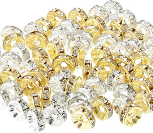 Bememo 200 Pieces 8mm Rondelle Beads Crystal Spacer Beads Loose Beads for Jewelry Bracelets Making (Golden and Silvery)...