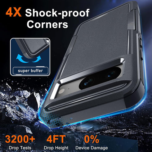 for Google Pixel 8 Case, Full Body Heavy Duty Rugged Shockproof Protective Phone Cover with Wrist Lanyard Strap, Tempered Glass Screen Protector a...