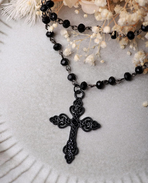 Sacina Gothic Layered Cross Necklace, Zinc Alloy Black Bead Cross Choker Necklace, Halloween Goth Jewelry Gift for Women (Layered Bead Cross)...