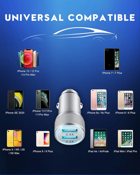 TIKALONG Car Charger Compatible with iPhone 13/12/11/XR/XS/X/Pro Max 8/7/6/6S Plus 5S/5C/SE2, iPad Air Mini Pro (2.4A Dual Port USB Car Charger Ad...