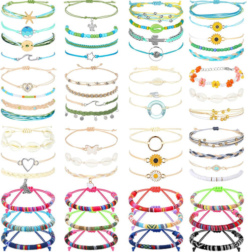EBOOT 57 Pieces Surfer Strand Wave Bracelet Braided Stretch Friendship Woven Rope Bracelets Adjustable Waterproof Handmade Wax Wrap Bracelet Ankle...