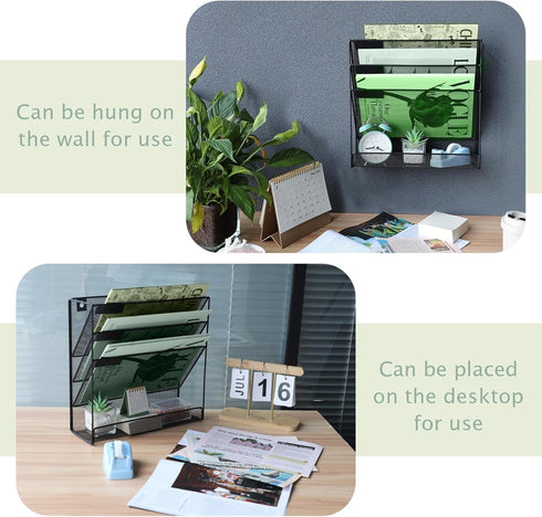 3 Pockets Mesh Wall File Holder Organizer with Bottom Flat Tray, Office Hanging File Folder Magazine Rack, Nametag Label Hooks Set Included, Black...