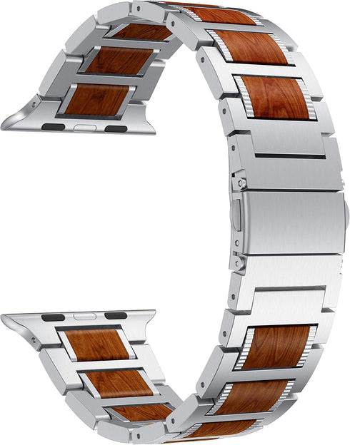 Compatible for Apple Watch 49mm 45mm 44mm 42mm Bands, Red Sandalwood Wood Stainless Steel Replacement Wrist Strap for Apple Watch Ultra & SE Serie...