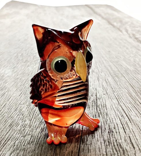 Garden Deco Glow in The Dark Brown Owl Standing Hand Blown Art Glass Figurine Ornament Sculpture...