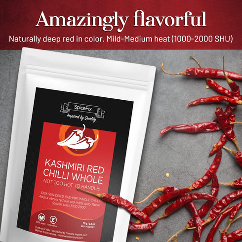 SpiceFix - Whole Kashmiri Red Chilli Pepper, Mild to Medium Heat Natural Stemless Chillies, Sun-Dried Red Pepper, Indian Dried Chili Peppers in a ...