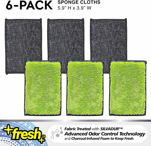 Fresh Professional Microfiber Sponge Cloths, Fabric Treated with SILVADUR Advanced Odor Control Technology and Charcoal-Infused Foam, 6-Pack Spong...