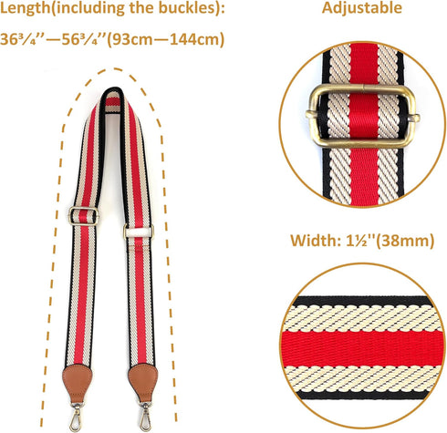 Purse Straps Replacement Crossbody with Brass Hardware 1-1/2 Inch Black Red Offwhite Adjustable Shoulder Guitar Strap for Handbag...
