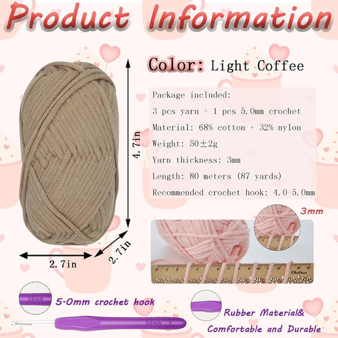 3PCS 150g Beginners Light Coffee Yarn for Crocheting and Knitting,260 Yards Cotton Nylon Blend Yarn for Hand DIY Bag Basket Dolls and Cushion......