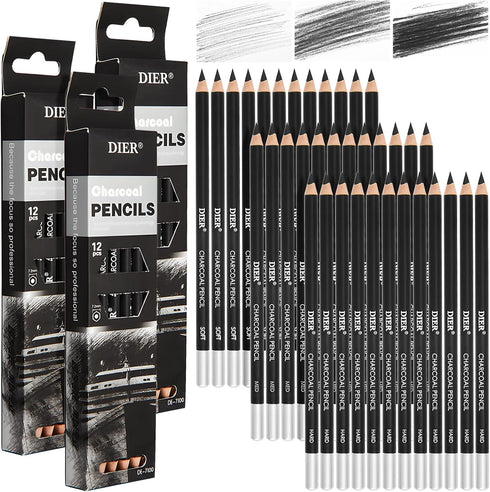 Geyoga 36 Pcs Professional Charcoal Pencils Soft,medium and Hard for Drawing Charcoal Pencils Drawing Set Drawing Pencils for Sketching Shading Dr...