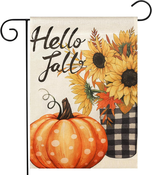 Hello Fall Pumpkin Garden Flag Vertical Double Sided 12x18 Inch Small Yard Flag Thanksgiving Autumn Burlap Yard Seasonal Holiday Outdoor Decor...