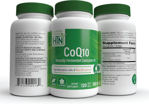 Health Thru Nutrition CoQ-10 100mg with BioPerine 120 Softgels | High Absorption Naturally Fermented USP Grade Coenzyme Q10 | 3rd Party Tested | H...
