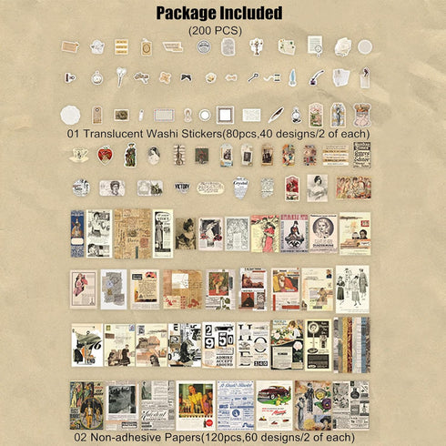 200 Pieces Vintage Ephemera Scrapbooking Supplies Pack for Journaling, Decoupage Paper Scrapbook Stickers Kit for Bullet Junk Journal Planners Col...