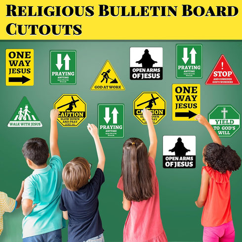 27PCS Religious Cutouts Jesus Construction Traffic Road Sign for Classroom Bulletin Board Decors, Sunday School VBS God Construction Theme Bible W...