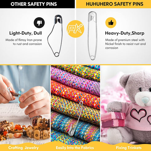 Huhuhero 340 Pack Safety Pins Assorted, Small and Large Safety Pins for Clothes Costume, 5 Different Sizes Nickel Plated Steel Pin Bulk, Sewing Cr...