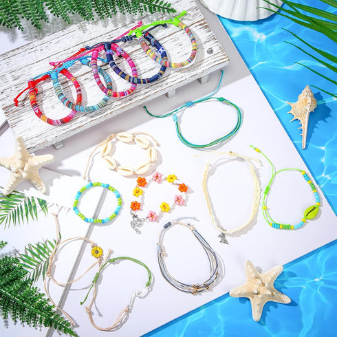 EBOOT 57 Pieces Surfer Strand Wave Bracelet Braided Stretch Friendship Woven Rope Bracelets Adjustable Waterproof Handmade Wax Wrap Bracelet Ankle...