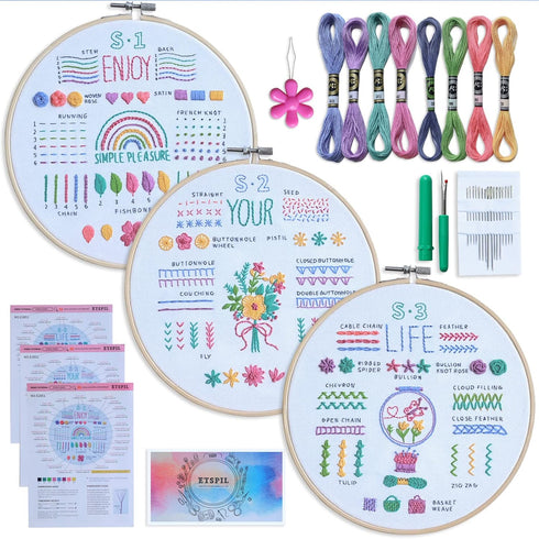 ETSPIL 3 Sets Embroidery kit for Beginners Adults?Learn 33 Different Stitches DIY Kits ?includes Stamped Flower Pattern, Hoop, Color Threads,Tools...