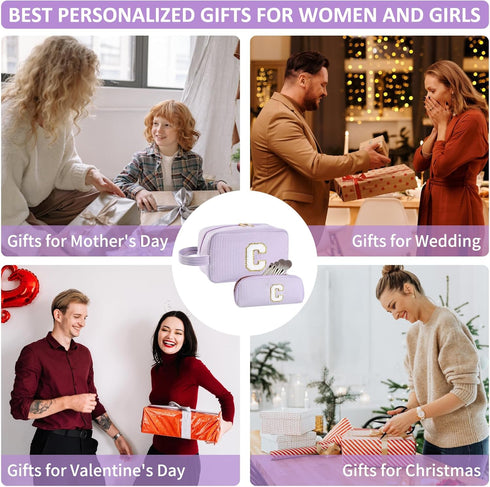 2pcs Personalized Initial Makeup Bag A-Z, Travel Toiletry Bag Monogram Make Up Bags Preppy Cosmetic Bag Makeup Pouch Birthday Graduation Gifts Bag...