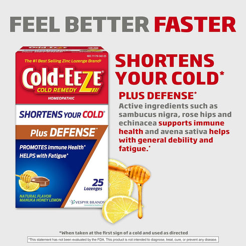 Cold-Eeze Plus Defense Natural Manuka Honey Lemon Zinc Lozenges, Homeopathic Cold Remedy, Shortens Common Cold Symptoms, Promotes Immune Health, S...