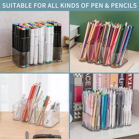 Yesesion Clear Pen Holder for Desk, Plastic Pencil Cup with 5 Compartment for Marker, Ballpoint Pens, Art & School Accessories, Stationery, Crayon...