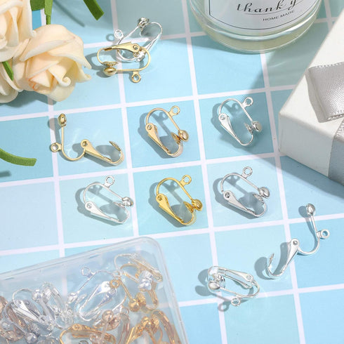 Clip on Earring Converter Earring Clip Backs on Earring Findings with Easy Open Loop Earring Backs Pierced Parts with Storage Box, 4 Colors (24 Pi...
