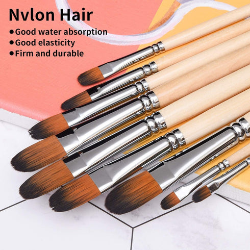 Artist Filbert Paint Brushes Set,9 Pcs Professional Painting Kits with Long Handle Soft Nylon Hair Filbert Brushes for Acrylic Oil Watercolor Goua...