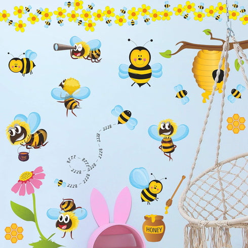 RW-1061 3D Bee Wall Decals Bee Flowers Wall Stickers Cartoon Animals Stickers DIY Removable Animals Tree Branch Wall Art Decor for Kids Babys Nurs...