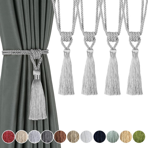 Fenghuangwu Curtain Tiebacks Tassel Tie-Backs, Rope Curtain tie Backs Handmade Curtain Holdbacks Made from Polyester (Silver, 4p)...