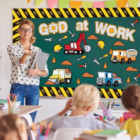 Fulmoon 79 Pcs God at Work Construction Bulletin Board Set Christian Under Construction Decorations Religious Construction Cutouts for Preschool E...