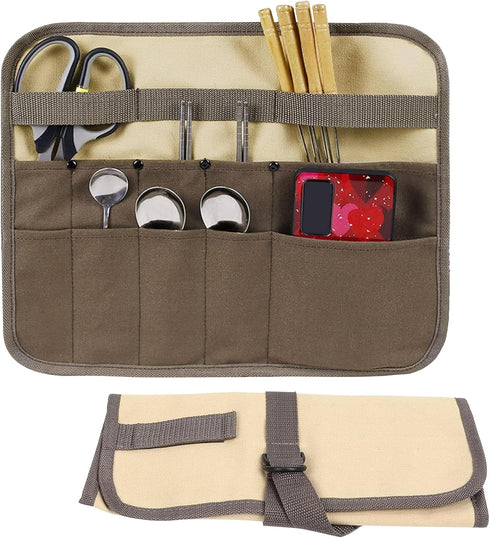 Camping Utensil Bag, Knife Roll Bag for Chefs Canvas Roll Up Culinary Bag Tableware Storage Hanging Bag Multi-purpose Knife Cover for Cooking, Cam...