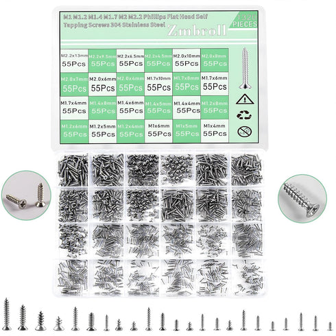 Flat Head Self Tapping Screws 1320Pcs Small Screws 304 Stainless Steel M1/1.2/1.4/1.7/2/2.2 Tiny Countersunk Cross Drive Head Electronic Screw 24 ...
