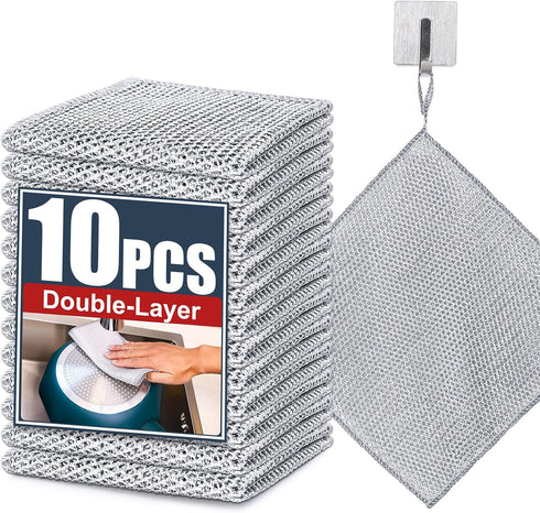 Navona 10 Pcs New Upgrade Steel Wire Dishcloth,Double-Layer Steel Wire Cleaning Cloth,Powerful Cleaning Non-Scratch Wire Dishcloth Rag for Cookwar...
