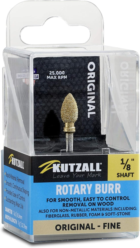 Kutzall Original Flame Rotary Burr, 1?8" Shaft, Fine - Woodworking Attachment for Dremel, Foredom, DeWalt, Milwaukee. Abrasive Tungsten Carbide, 1...