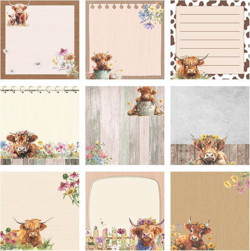 9 Pads Cow Sticky Notes Floral Highland Cow Theme 3x3 Self-Stick Cute Brown Cow Print Notes Adhesive Memo Pad Cow Office Decor for School Office H...