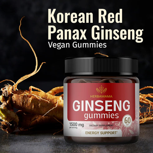 HERBAMAMA Korean Red Panax Ginseng Gummies - Energy & Immunity Support Herbal Ginseng Supplement Vitamin - Vegan Ginseng Gummies - 1500 mg 60 Chew...