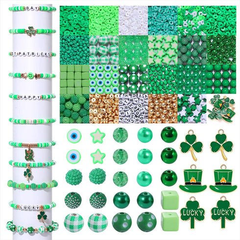 2566PCS+ St. Patrick's Day Beads for Jewelry Making Green Heishi Pearl Star Letter Clay Wooden Irish Round Loose Beads with Enamel Luck Shamrock H...